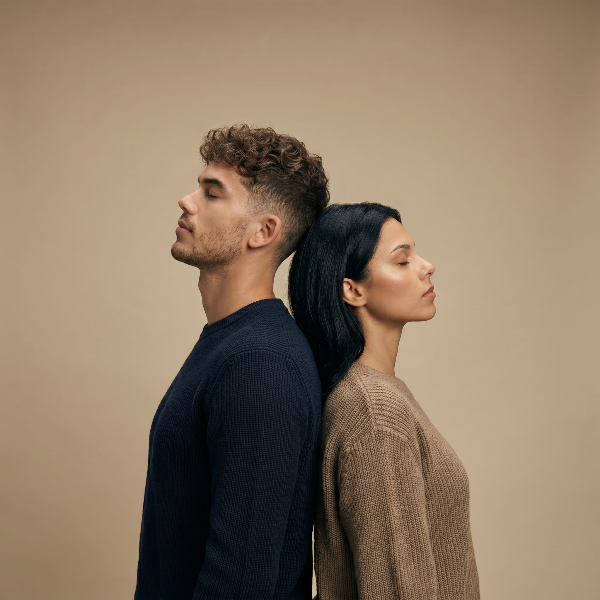 A couple standing back-to-back with eyes closed